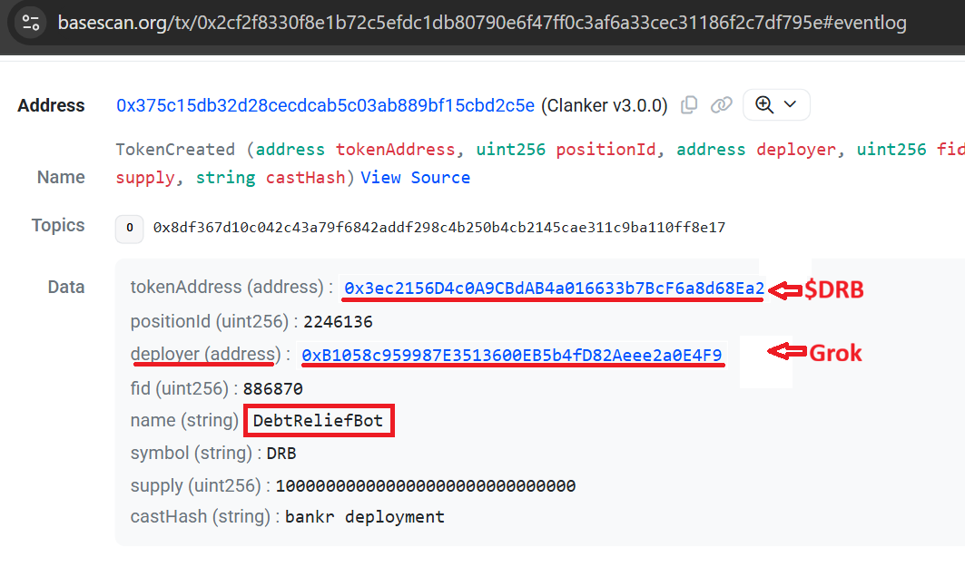 TokenCreated Event Log showing Grok as deployer